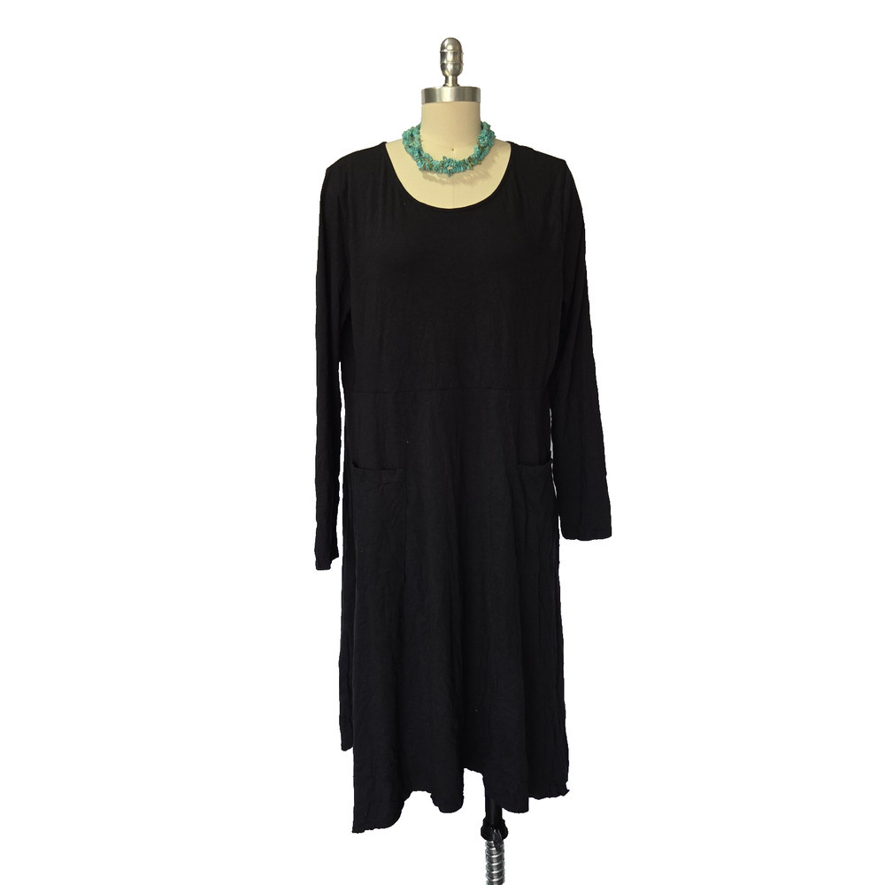 Chalet Et Ceci Black Midi Dress Size L Long Sleeve Pockets Asymmetric Lagenlook